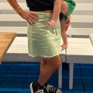 AGOLDE Criss Cross Asymmetrical Distressed cute mint Green Mini Jean Denim Skirt